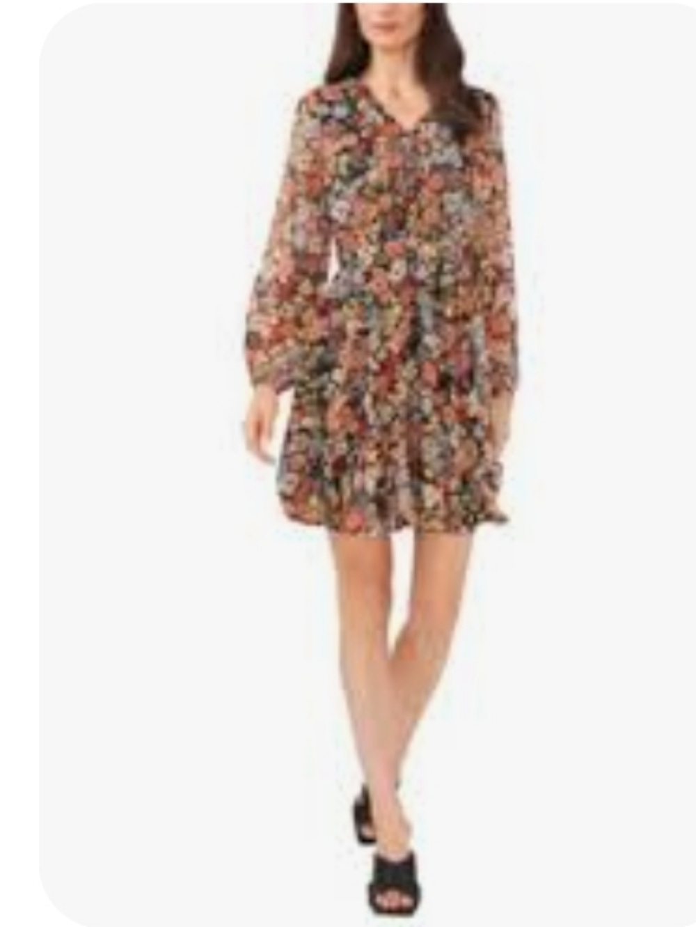 MSK Floral-Print Black Long-Sleeve Dress 12 New